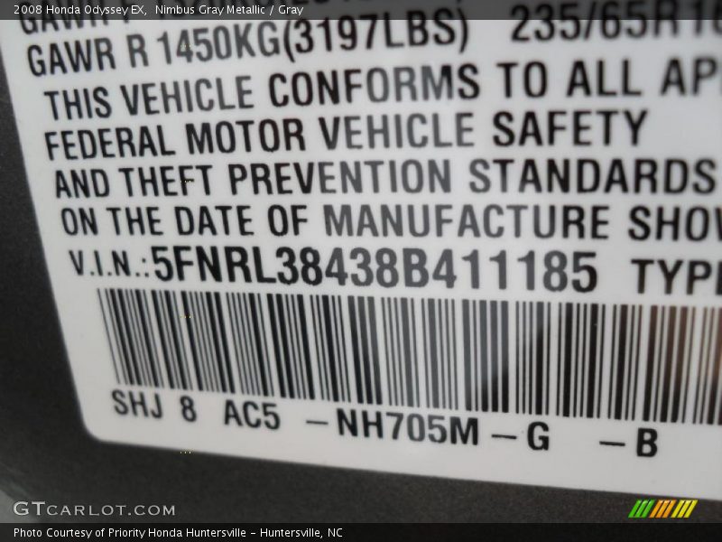 Nimbus Gray Metallic / Gray 2008 Honda Odyssey EX