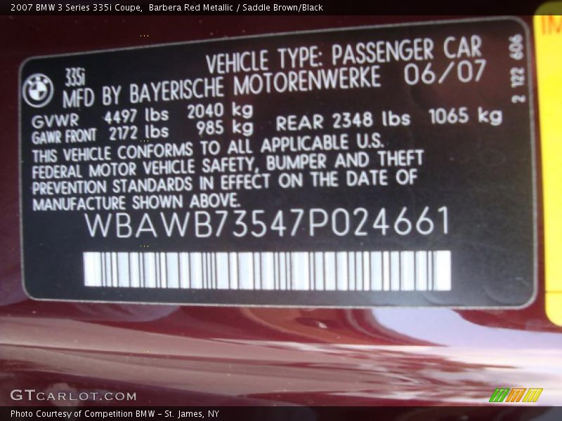 Barbera Red Metallic / Saddle Brown/Black 2007 BMW 3 Series 335i Coupe