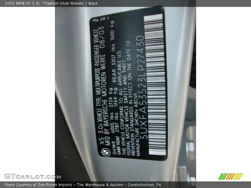 Titanium Silver Metallic / Black 2003 BMW X5 3.0i