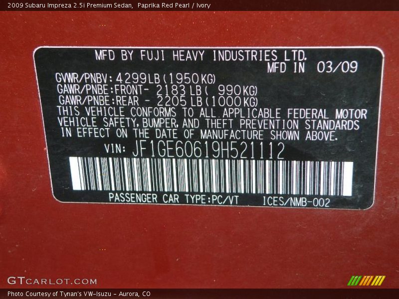 Paprika Red Pearl / Ivory 2009 Subaru Impreza 2.5i Premium Sedan