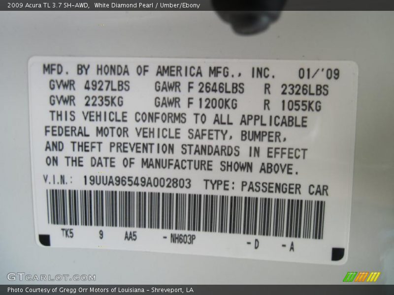White Diamond Pearl / Umber/Ebony 2009 Acura TL 3.7 SH-AWD