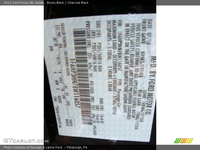 Ebony Black / Charcoal Black 2011 Ford Focus SEL Sedan