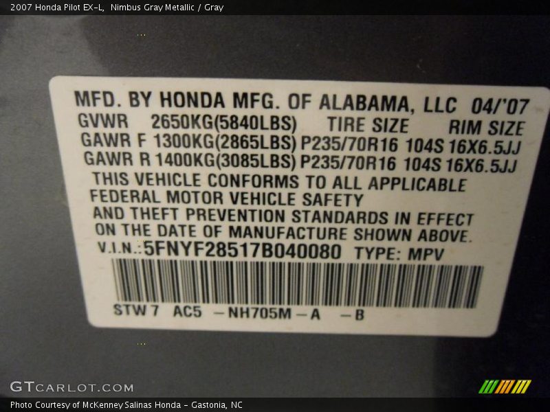 Nimbus Gray Metallic / Gray 2007 Honda Pilot EX-L