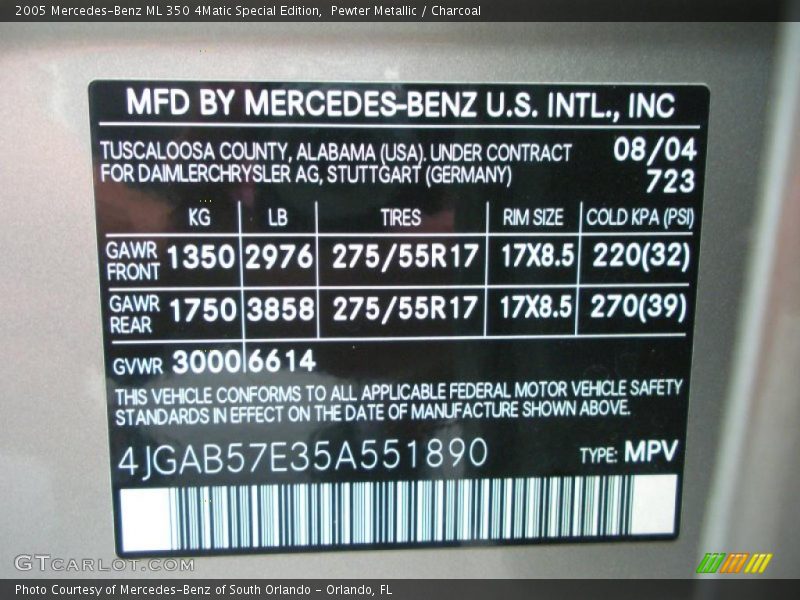 Pewter Metallic / Charcoal 2005 Mercedes-Benz ML 350 4Matic Special Edition