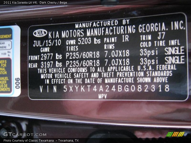 Dark Cherry / Beige 2011 Kia Sorento LX V6