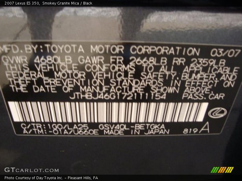 Smokey Granite Mica / Black 2007 Lexus ES 350