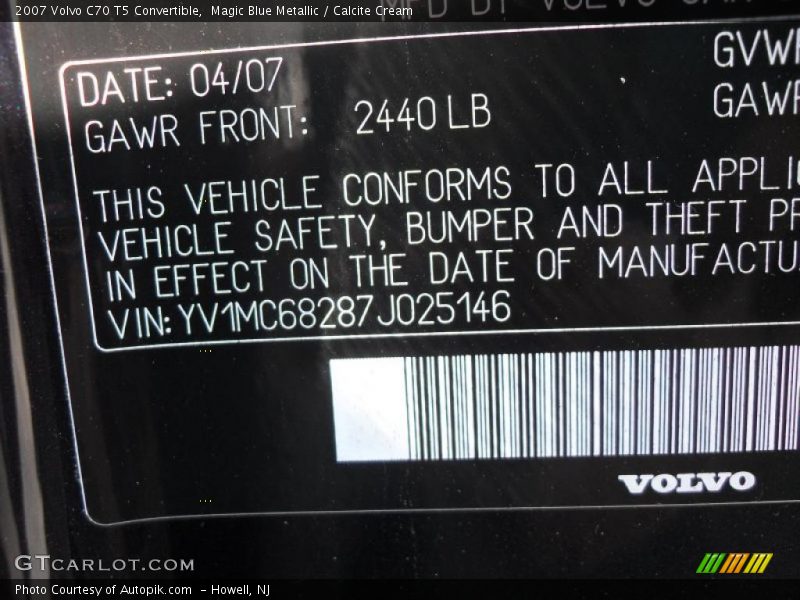 Magic Blue Metallic / Calcite Cream 2007 Volvo C70 T5 Convertible