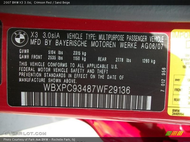 Crimson Red / Sand Beige 2007 BMW X3 3.0si