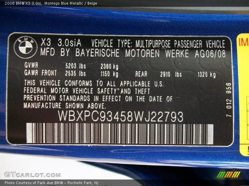 Montego Blue Metallic / Beige 2008 BMW X3 3.0si