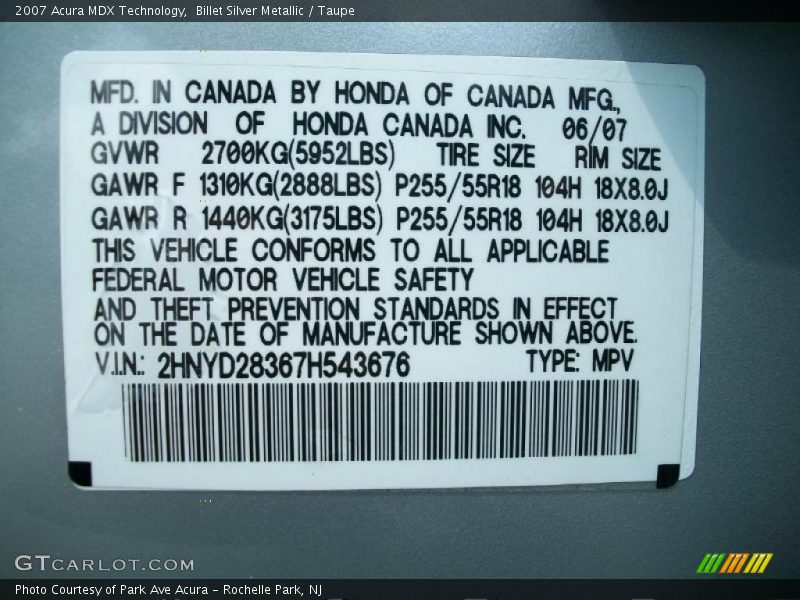 Billet Silver Metallic / Taupe 2007 Acura MDX Technology