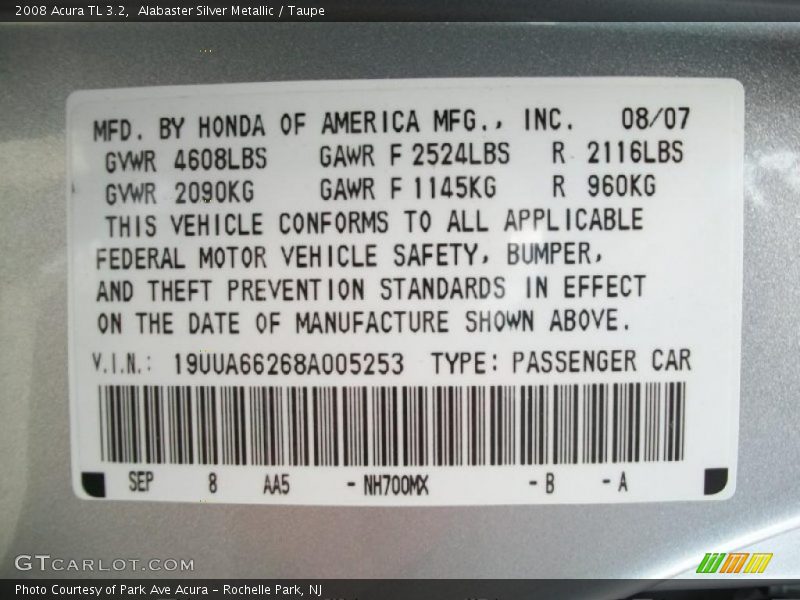 Alabaster Silver Metallic / Taupe 2008 Acura TL 3.2