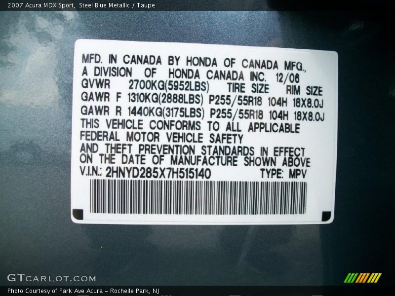 Steel Blue Metallic / Taupe 2007 Acura MDX Sport