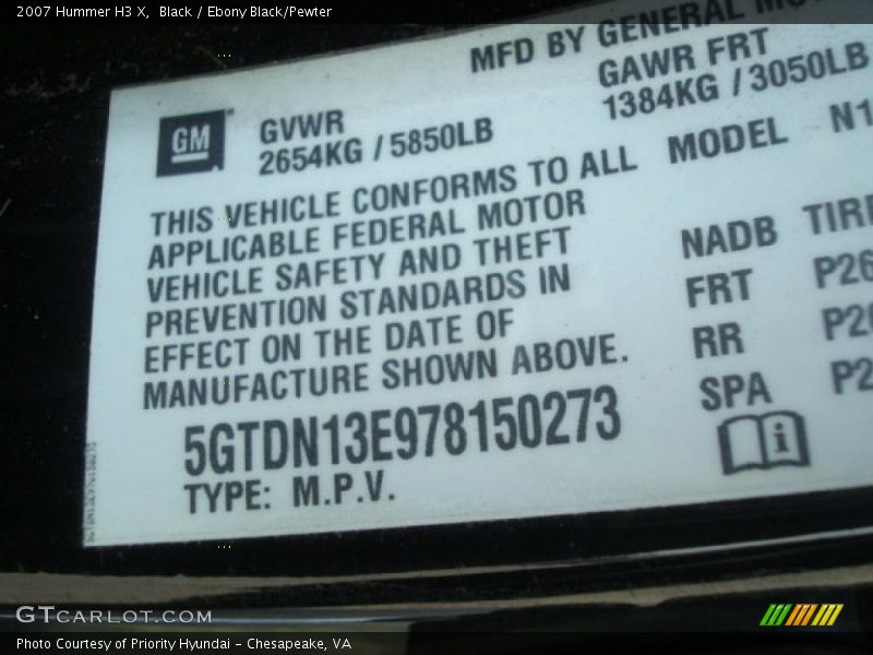 Black / Ebony Black/Pewter 2007 Hummer H3 X