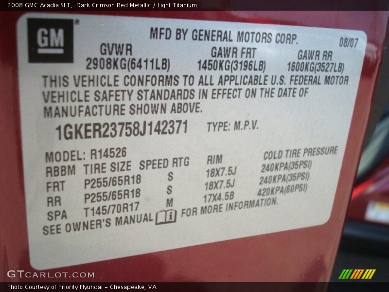 Dark Crimson Red Metallic / Light Titanium 2008 GMC Acadia SLT