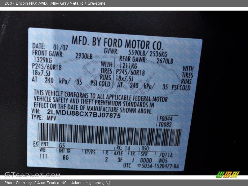 Alloy Grey Metallic / Greystone 2007 Lincoln MKX AWD
