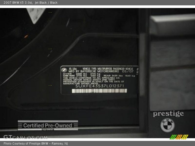 Jet Black / Black 2007 BMW X5 3.0si