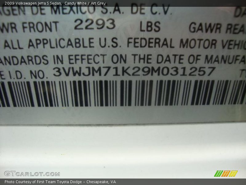 Candy White / Art Grey 2009 Volkswagen Jetta S Sedan