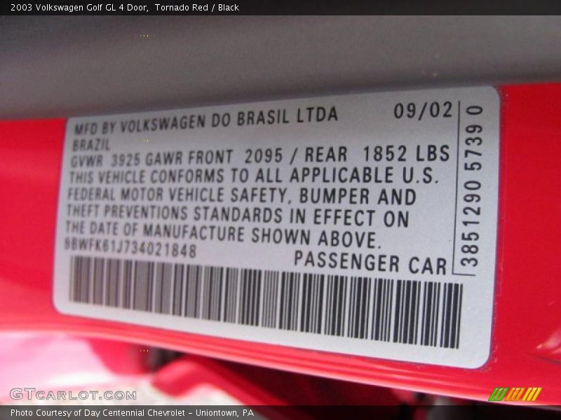 Tornado Red / Black 2003 Volkswagen Golf GL 4 Door