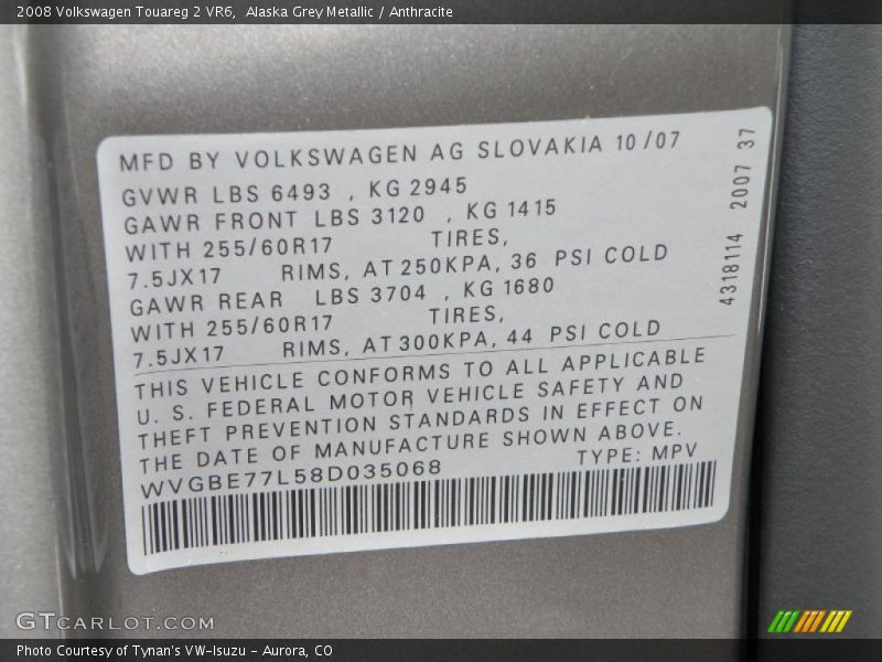 Alaska Grey Metallic / Anthracite 2008 Volkswagen Touareg 2 VR6