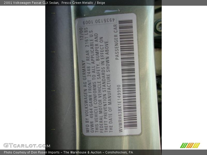Fresco Green Metallic / Beige 2001 Volkswagen Passat GLX Sedan