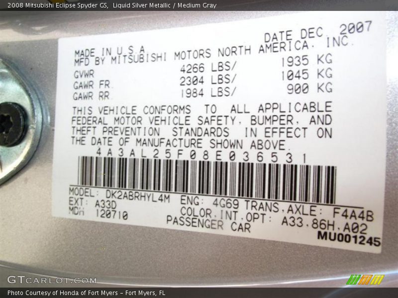Liquid Silver Metallic / Medium Gray 2008 Mitsubishi Eclipse Spyder GS