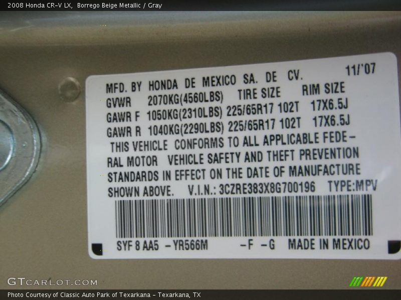 Borrego Beige Metallic / Gray 2008 Honda CR-V LX