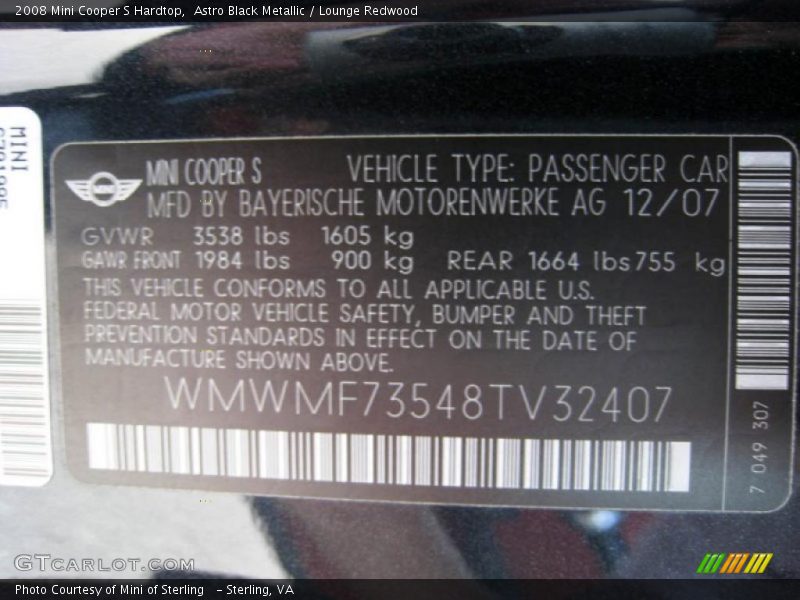 Astro Black Metallic / Lounge Redwood 2008 Mini Cooper S Hardtop