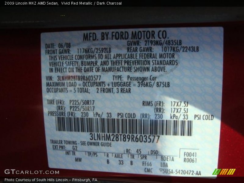 Vivid Red Metallic / Dark Charcoal 2009 Lincoln MKZ AWD Sedan