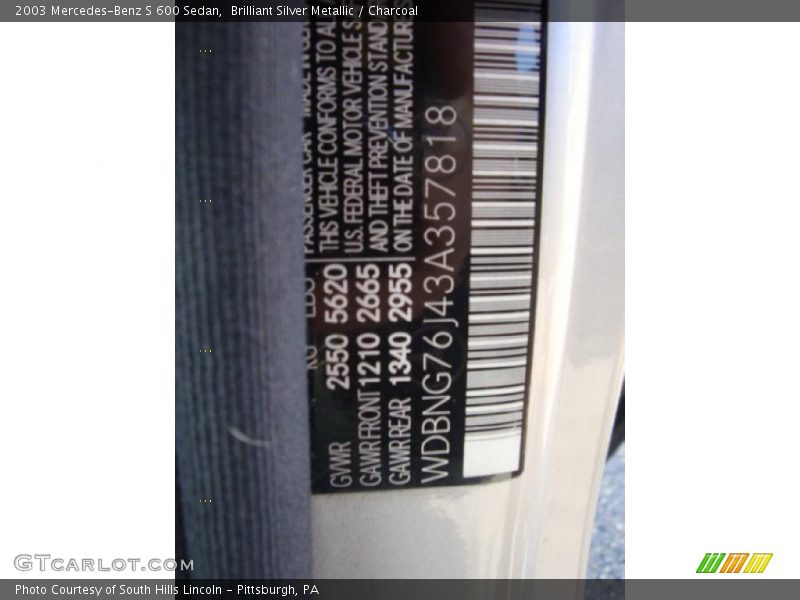 Brilliant Silver Metallic / Charcoal 2003 Mercedes-Benz S 600 Sedan