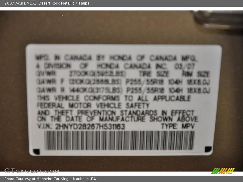 Desert Rock Metallic / Taupe 2007 Acura MDX