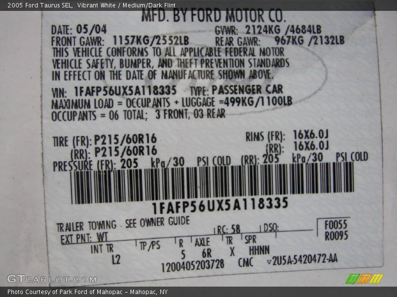Vibrant White / Medium/Dark Flint 2005 Ford Taurus SEL