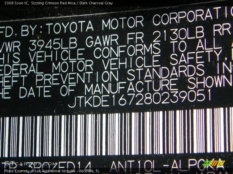 Sizzling Crimson Red Mica / Dark Charcoal Gray 2008 Scion tC