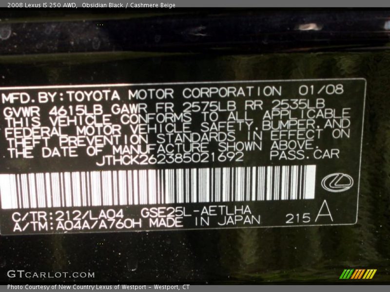 Obsidian Black / Cashmere Beige 2008 Lexus IS 250 AWD