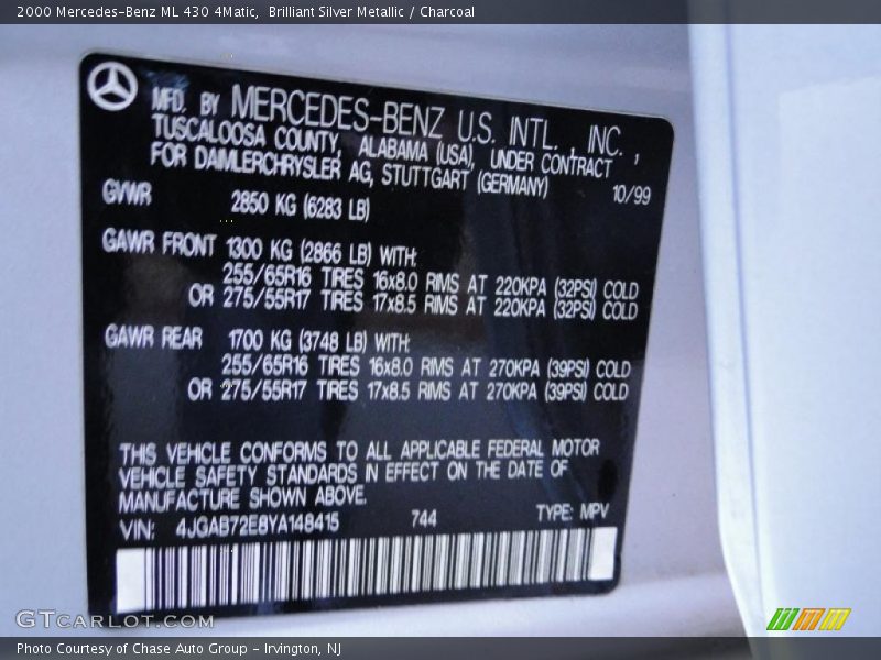 Brilliant Silver Metallic / Charcoal 2000 Mercedes-Benz ML 430 4Matic