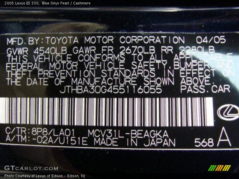 Blue Onyx Pearl / Cashmere 2005 Lexus ES 330