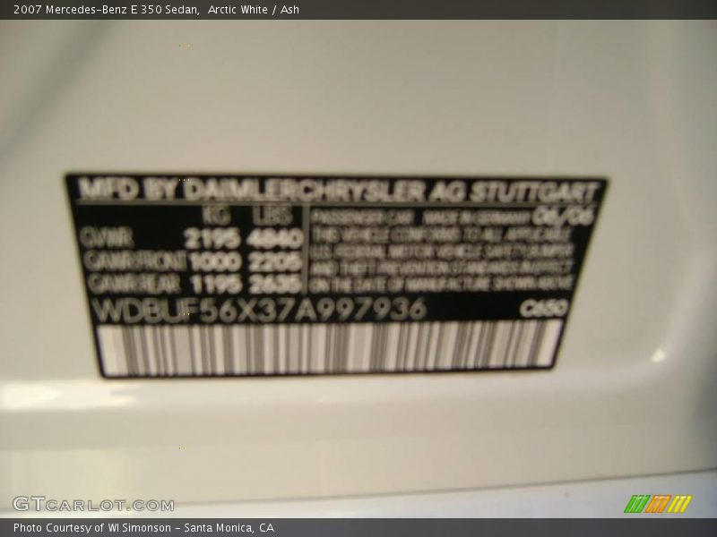 Arctic White / Ash 2007 Mercedes-Benz E 350 Sedan