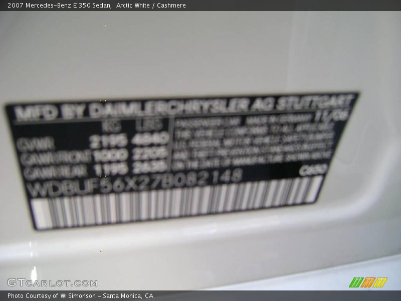 Arctic White / Cashmere 2007 Mercedes-Benz E 350 Sedan