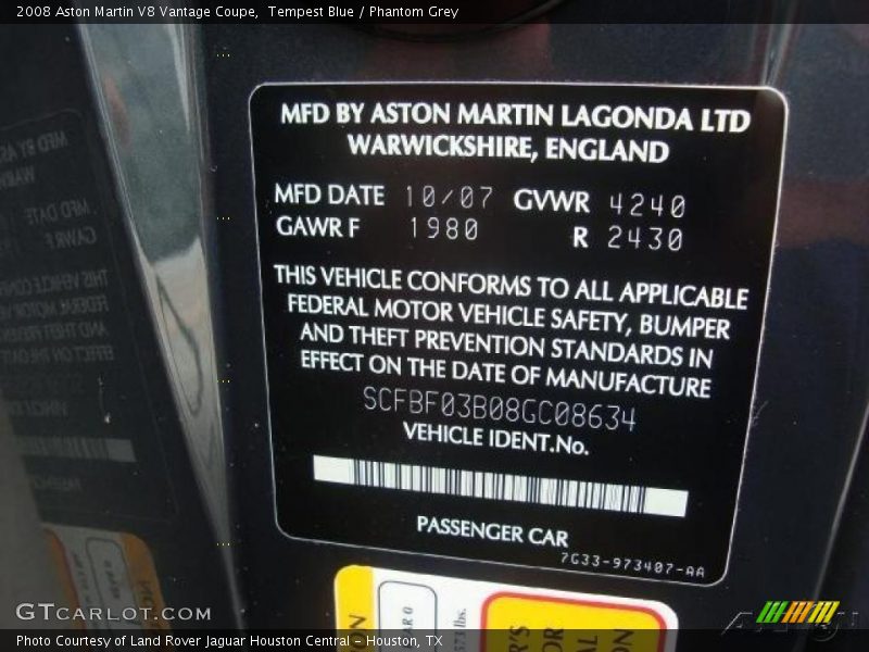 Tempest Blue / Phantom Grey 2008 Aston Martin V8 Vantage Coupe
