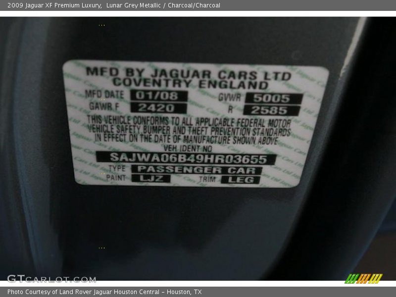 Lunar Grey Metallic / Charcoal/Charcoal 2009 Jaguar XF Premium Luxury