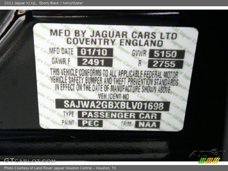 Ebony Black / Ivory/Oyster 2011 Jaguar XJ XJL