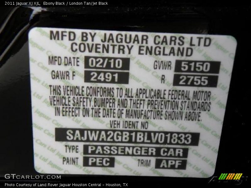 Ebony Black / London Tan/Jet Black 2011 Jaguar XJ XJL