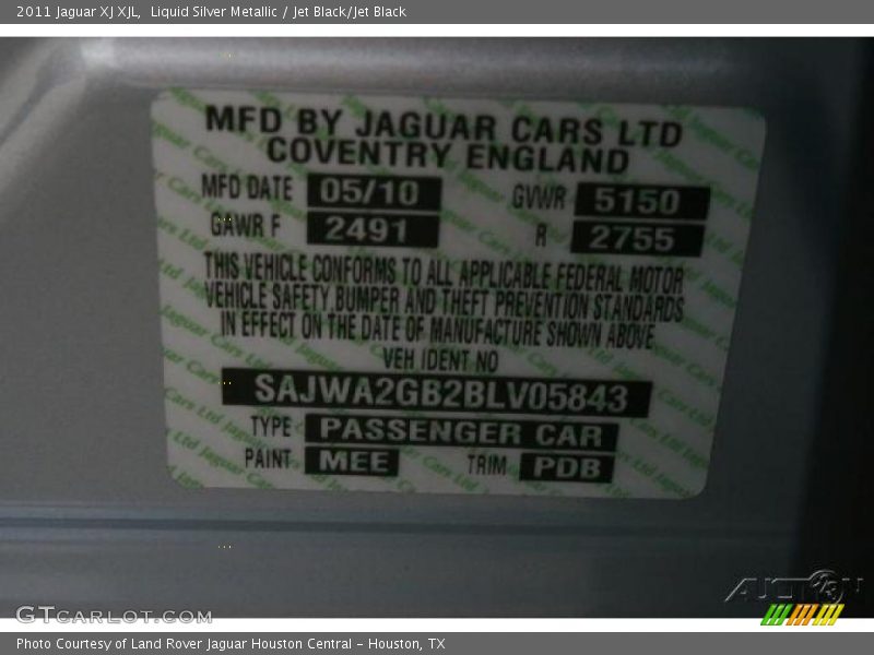 Liquid Silver Metallic / Jet Black/Jet Black 2011 Jaguar XJ XJL