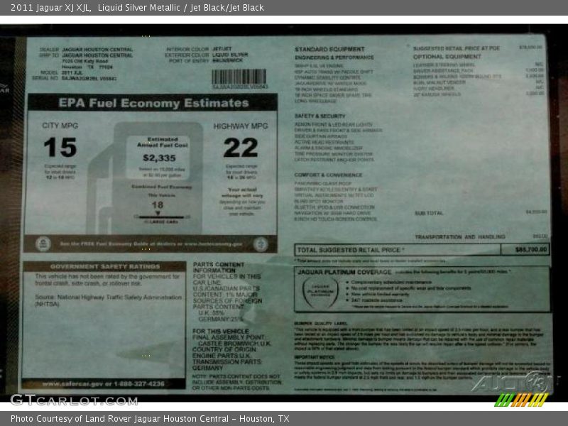 Liquid Silver Metallic / Jet Black/Jet Black 2011 Jaguar XJ XJL