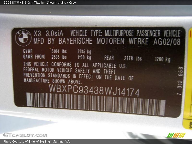 Titanium Silver Metallic / Grey 2008 BMW X3 3.0si