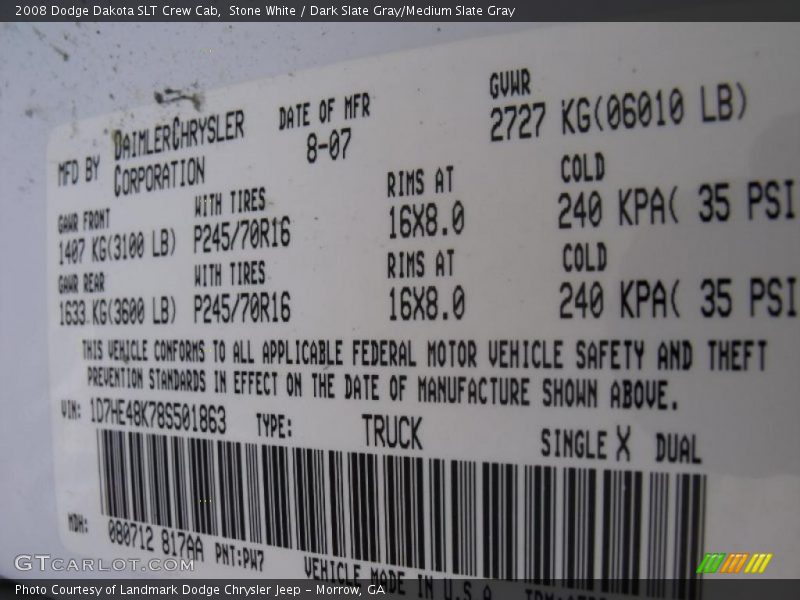 Stone White / Dark Slate Gray/Medium Slate Gray 2008 Dodge Dakota SLT Crew Cab