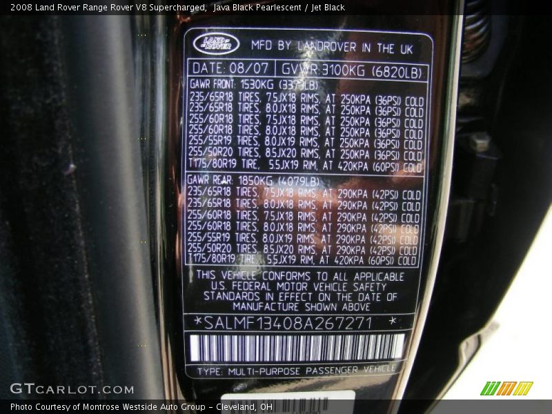 Java Black Pearlescent / Jet Black 2008 Land Rover Range Rover V8 Supercharged
