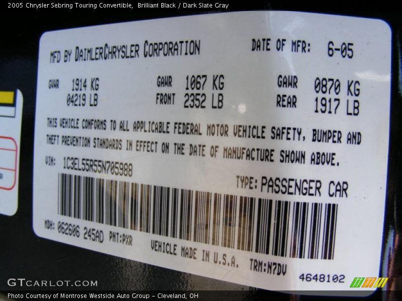 Brilliant Black / Dark Slate Gray 2005 Chrysler Sebring Touring Convertible