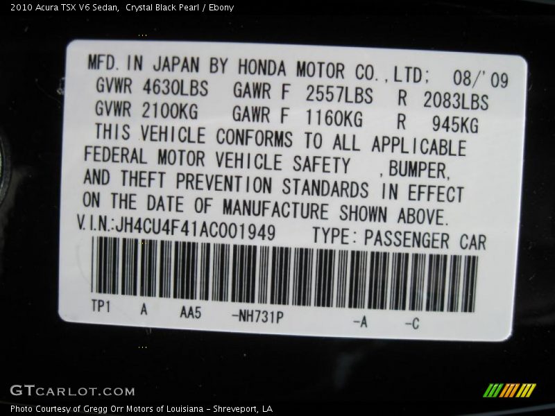 Crystal Black Pearl / Ebony 2010 Acura TSX V6 Sedan