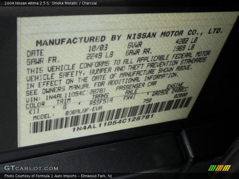 Smoke Metallic / Charcoal 2004 Nissan Altima 2.5 S