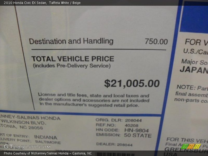 Taffeta White / Beige 2010 Honda Civic EX Sedan